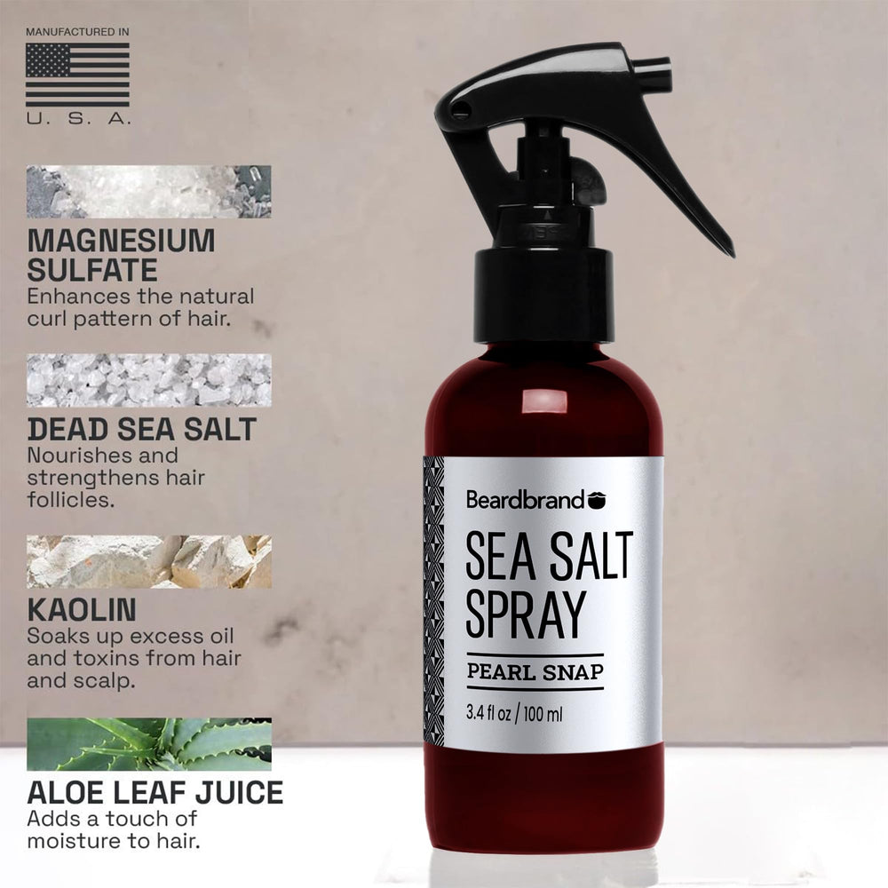 Beardbrand Sea Salt Spray application demonstrates easy misting for subtle volume.