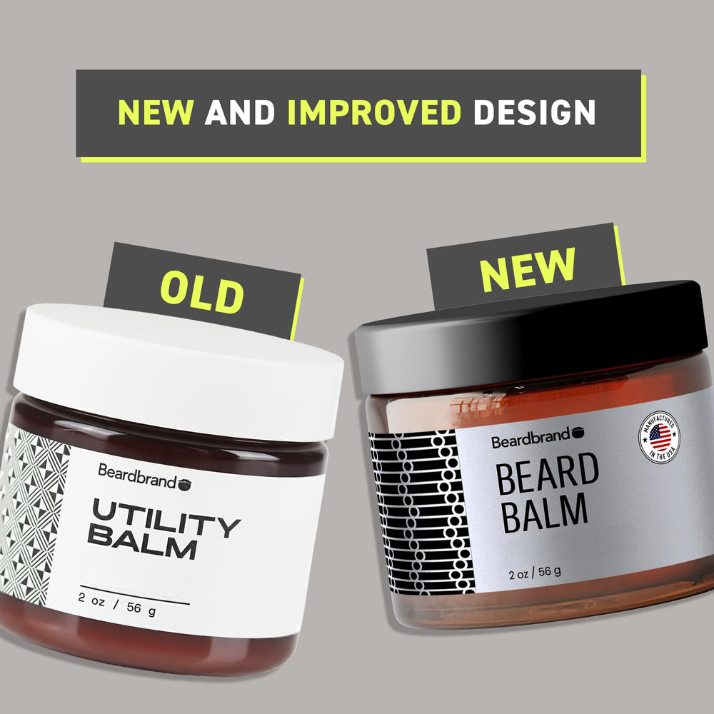 Beardbrand Utility Balm jar close-up highlights the triple butter formula.