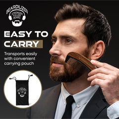 Beardilizer Premium Beard Comb in carrying pouch ready for travel grooming.