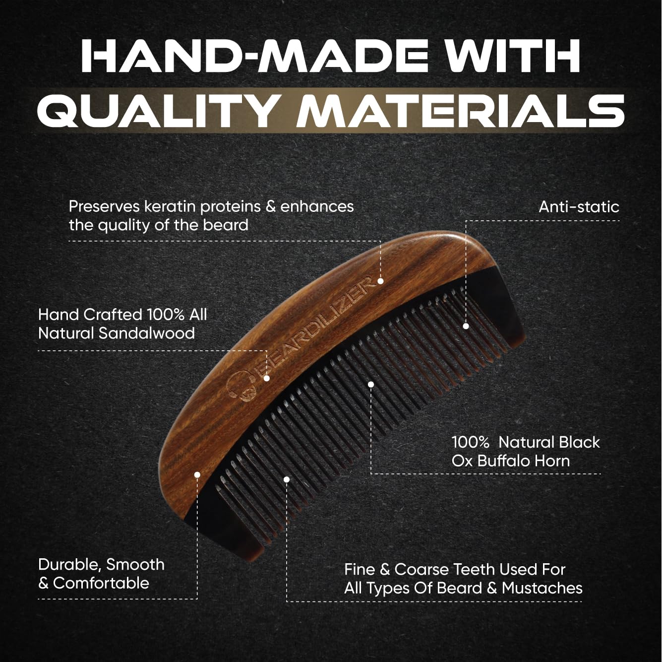 Beardilizer Premium Beard Comb fine and coarse teeth close-up for versatile styling.