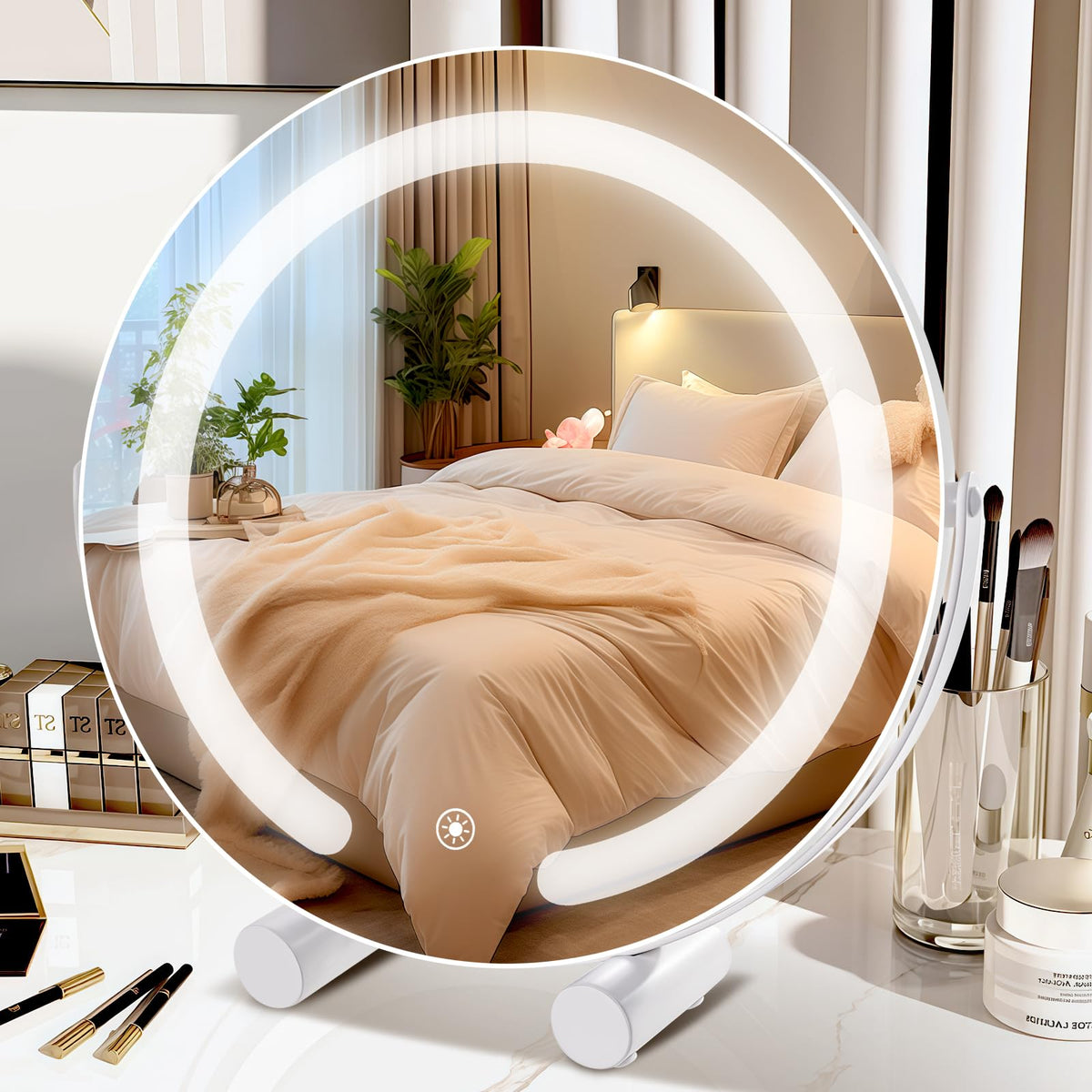 Bearolve vanity mirror front view with LED lighting for precise makeup prep.