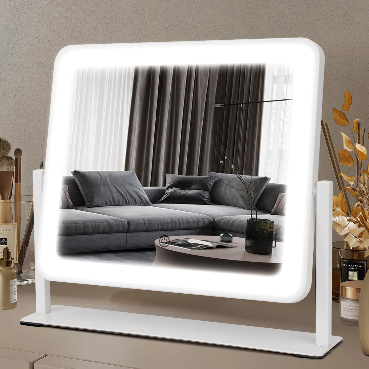 Bearolve vanity mirror front view offers even, flattering lighting for makeup application