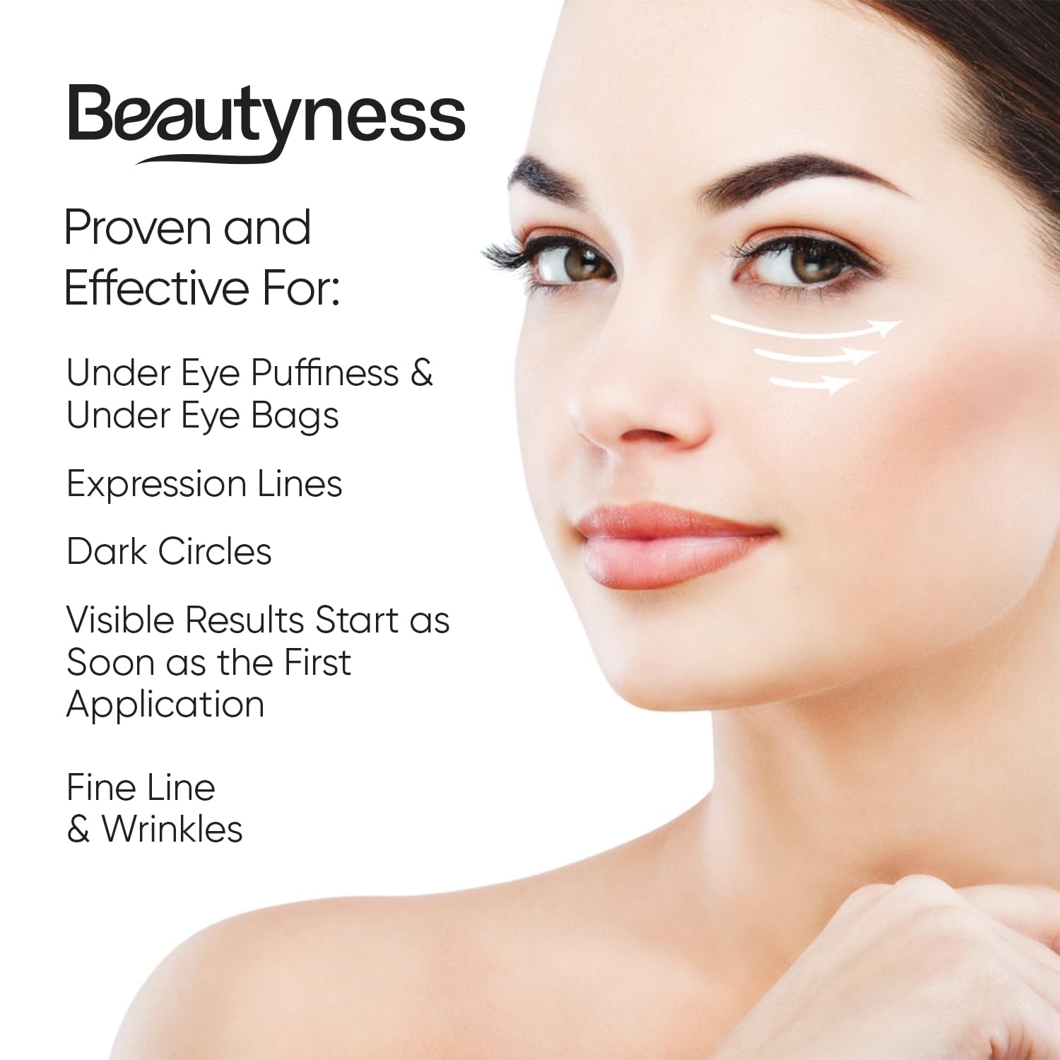 Beatool Instant Ageless Eye Cream application demonstrates smoothing around the eye area.