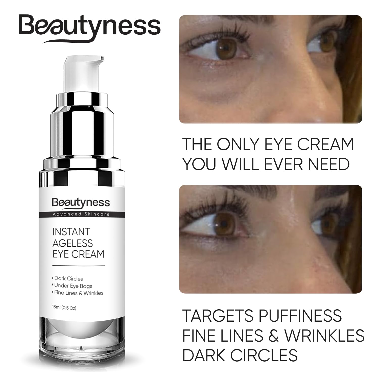 Beatool Instant Ageless Eye Cream before-after collage suggests smoother look.