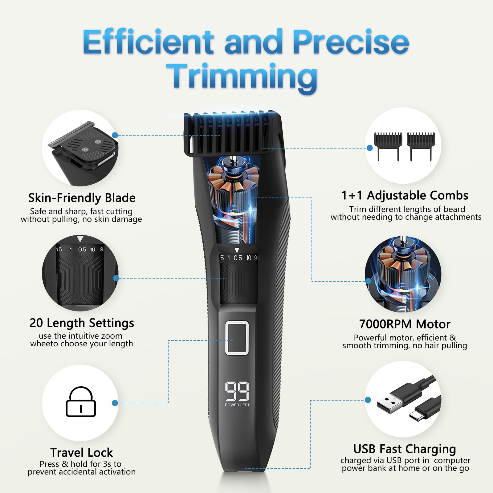 Beatslm beard trimmer length dial close-up showing 20 adjustable settings for versatile trims.