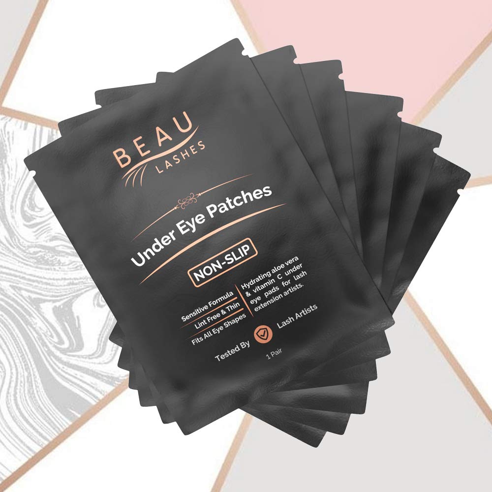 Beau Lashes eye pads hydrogel close-up highlights clear, soothing formula.