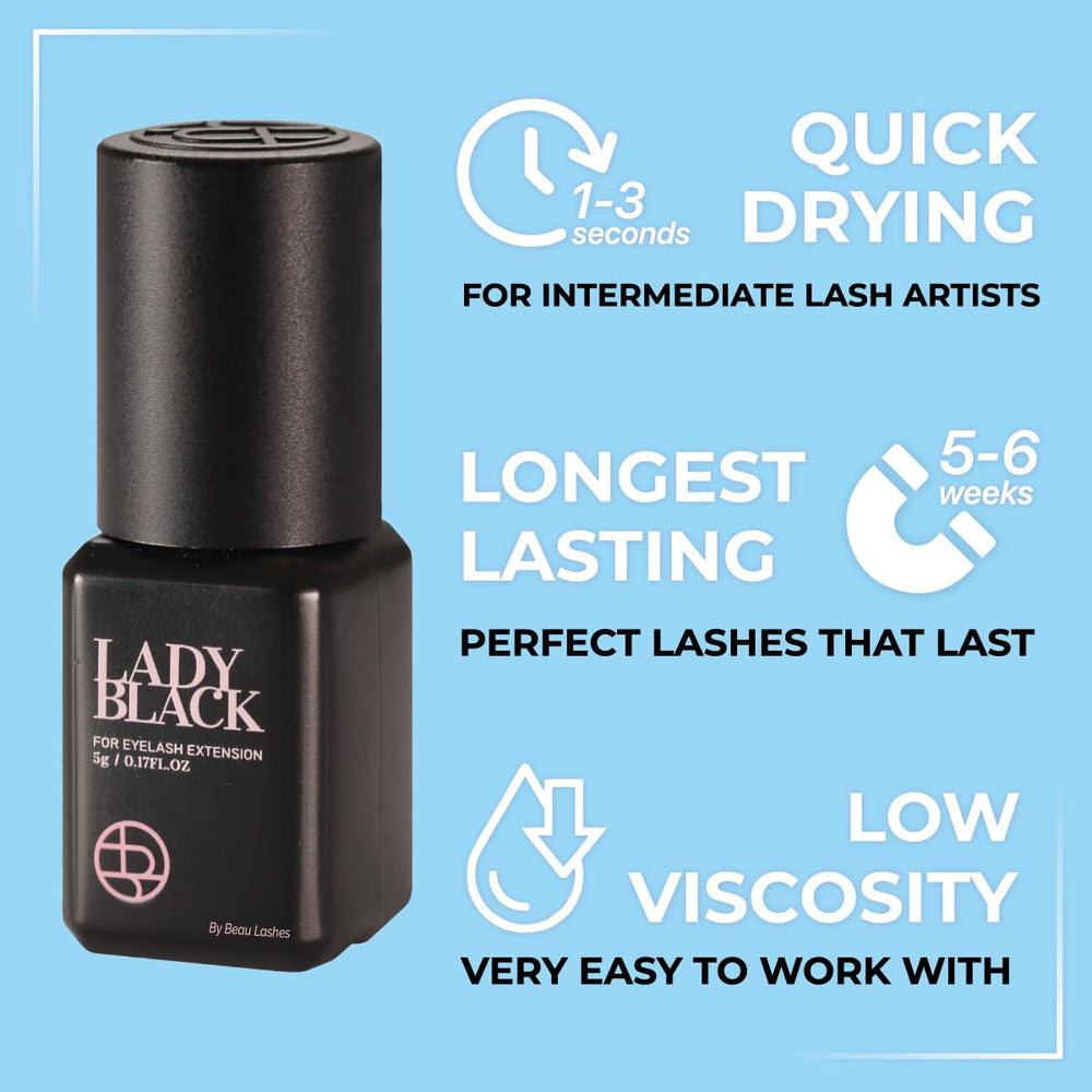 Beau Lashes Lady Black Glue deep black color creates a seamless lash line.