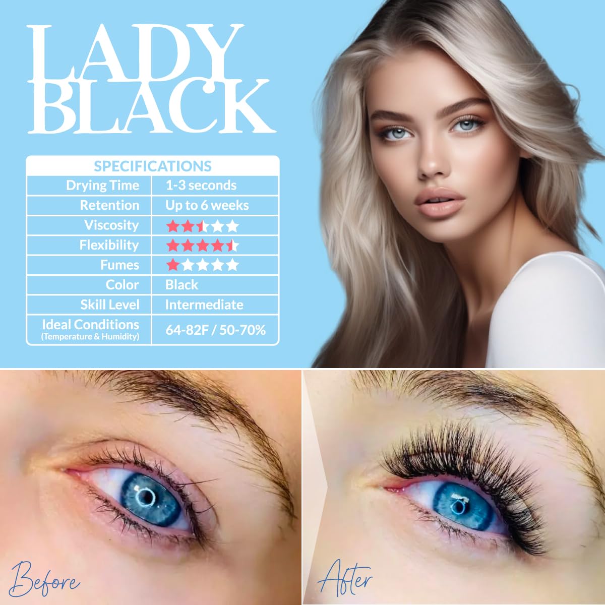 Beau Lashes Lady Black Glue ideal for both single and volume lash techniques.