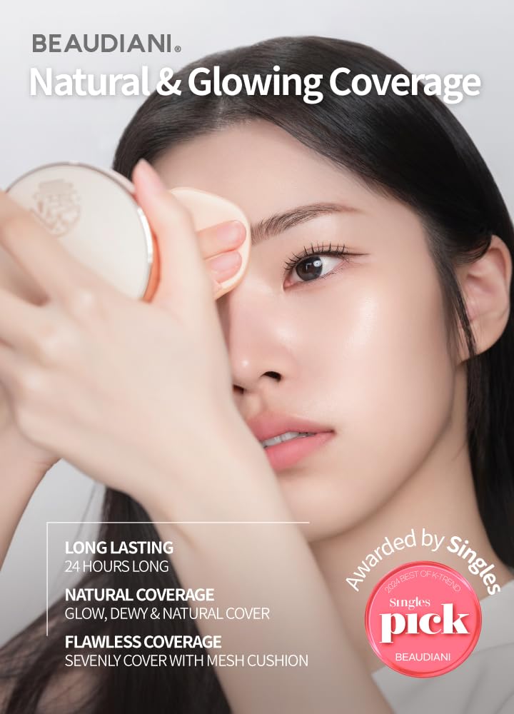 Beaudiani cushion puff shown for precise on-the-go touch-ups.
