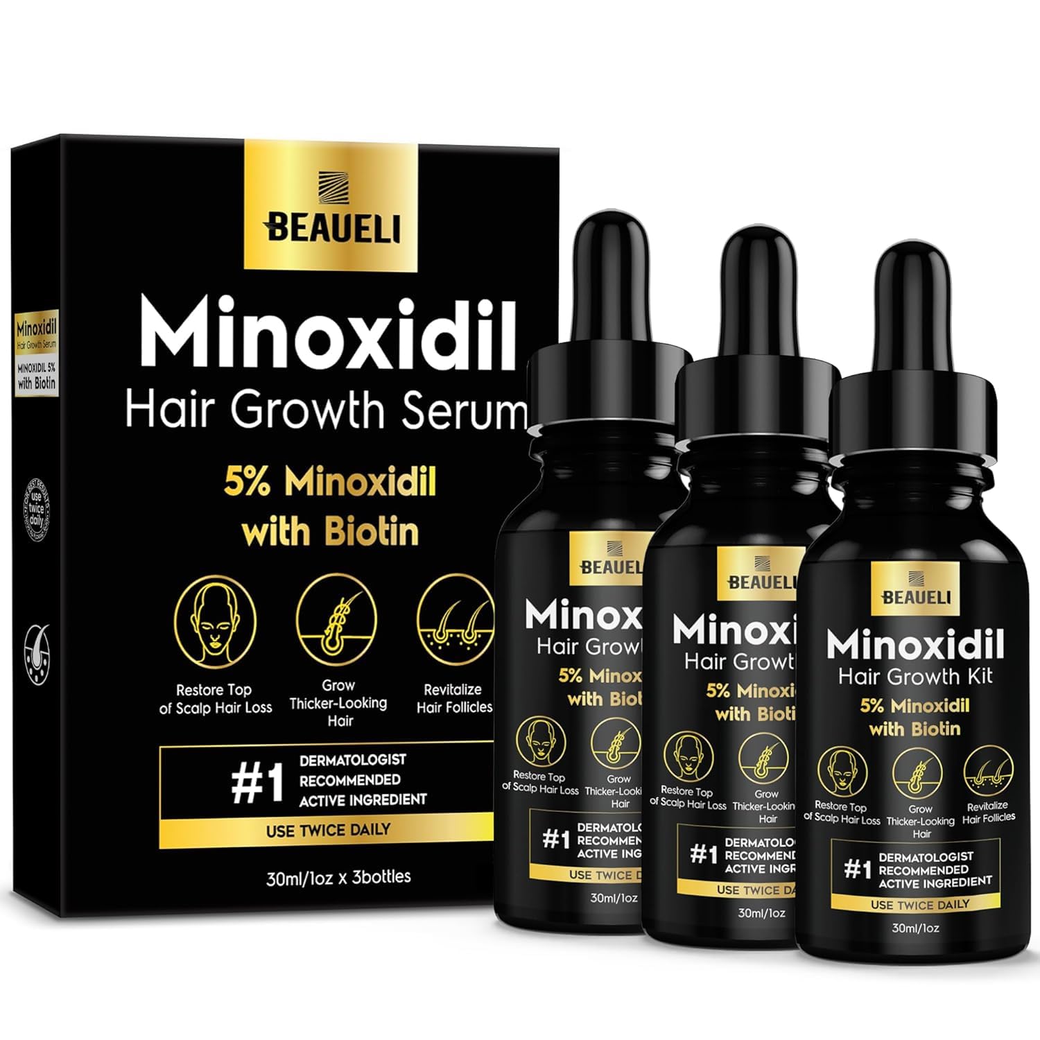 Beaueli 5% minoxidil bottle pour for precise scalp application.