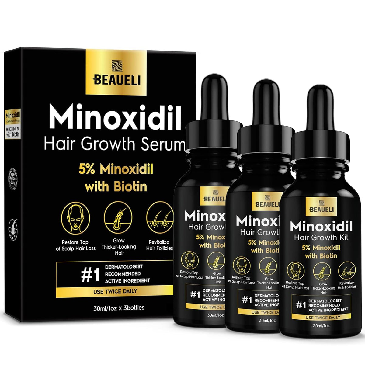 Beaueli 5% minoxidil bottle pour for precise scalp application.