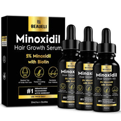 Beaueli 5% minoxidil bottle pour for precise scalp application.