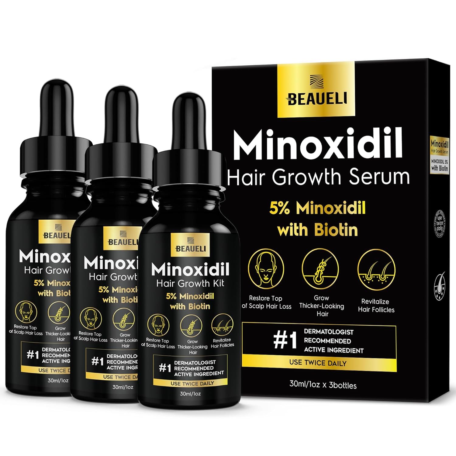 Beaueli 5% Minoxidil bottle pour demonstrates precise application for targeted hair growth