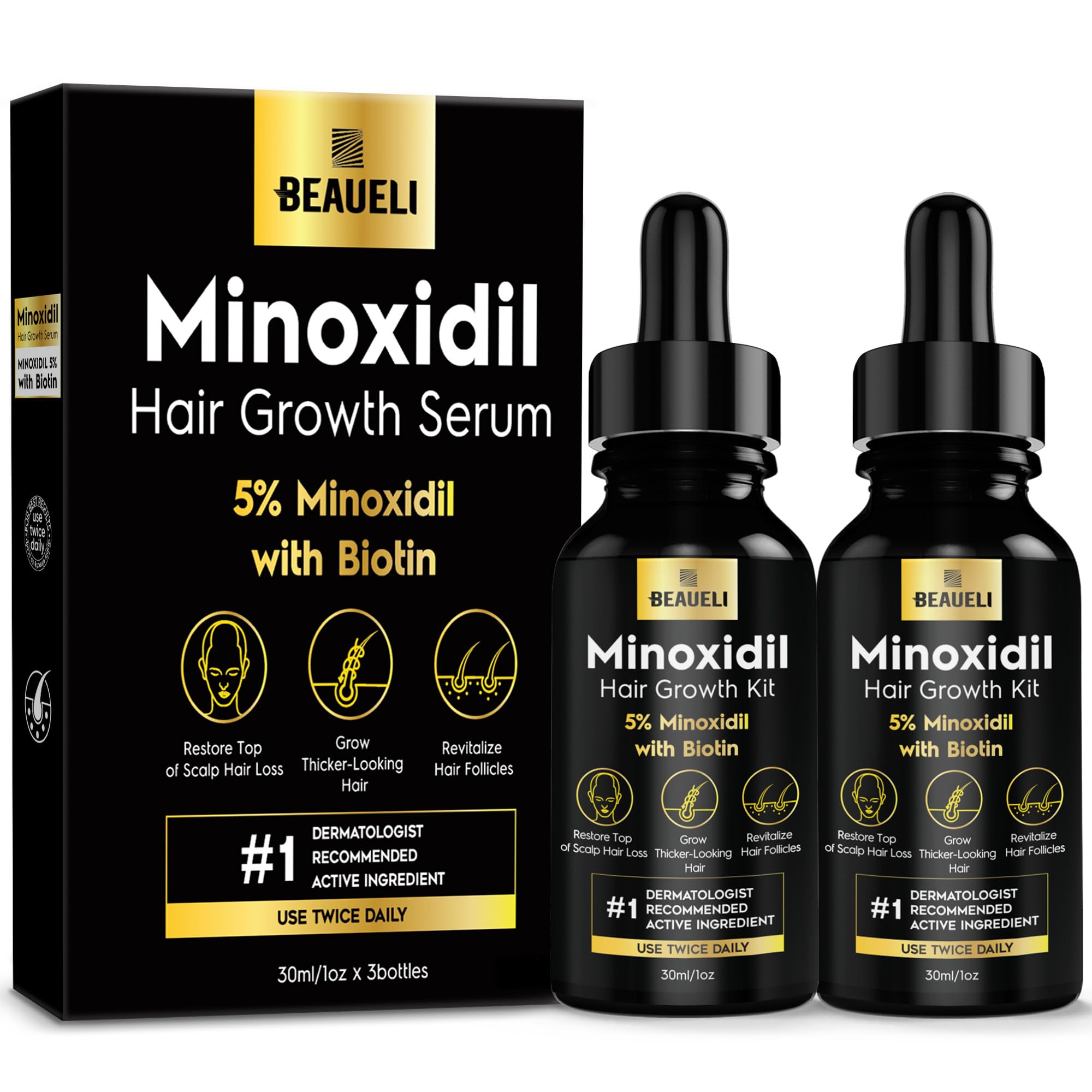 Beaueli 5% Minoxidil bottle front for easy daily use and premium packaging.