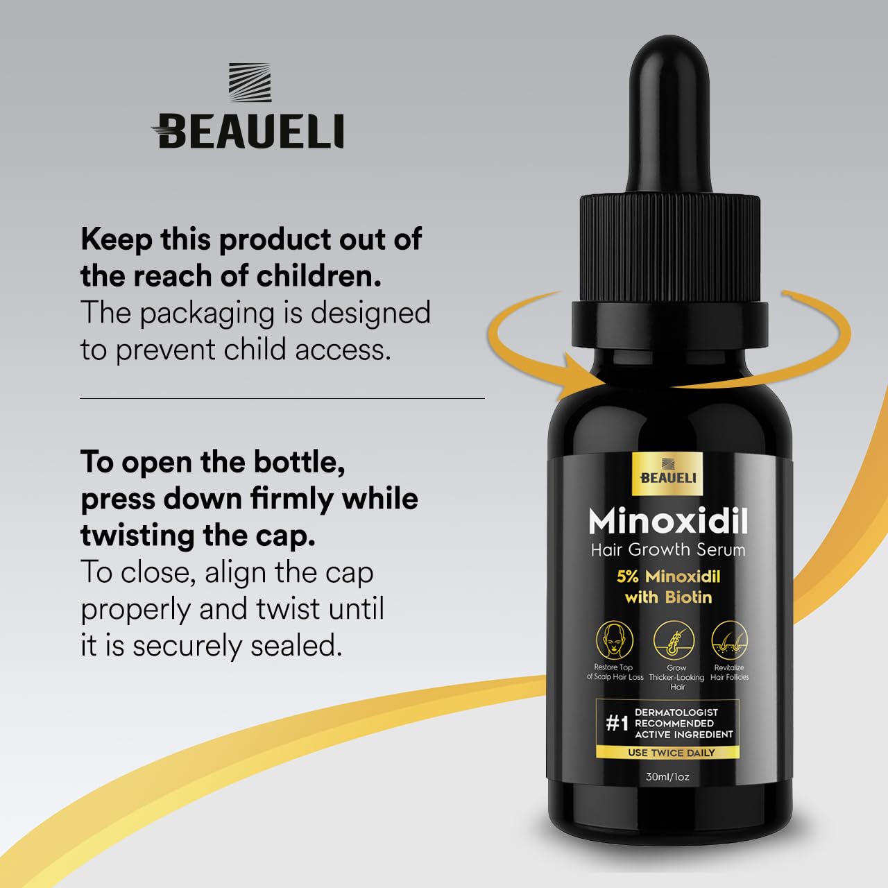 Beaueli Minoxidil Biotin ingredients label highlights hair health