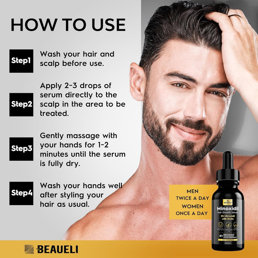 Beaueli biotin-serum closeup highlights nourishing formula for thinning strands.
