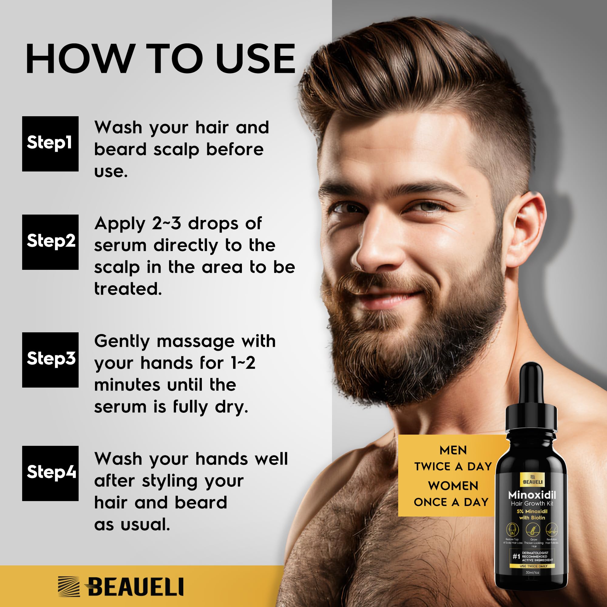 Beaueli minoxidil bottle on bathroom shelf shows sleek packaging and usability.