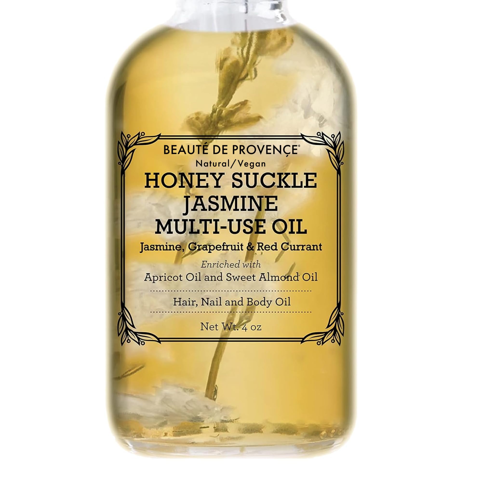 BEAUTE DE PROVENCE Honey Suckle multi-use oil bottle closeup for smooth, hydrated skin