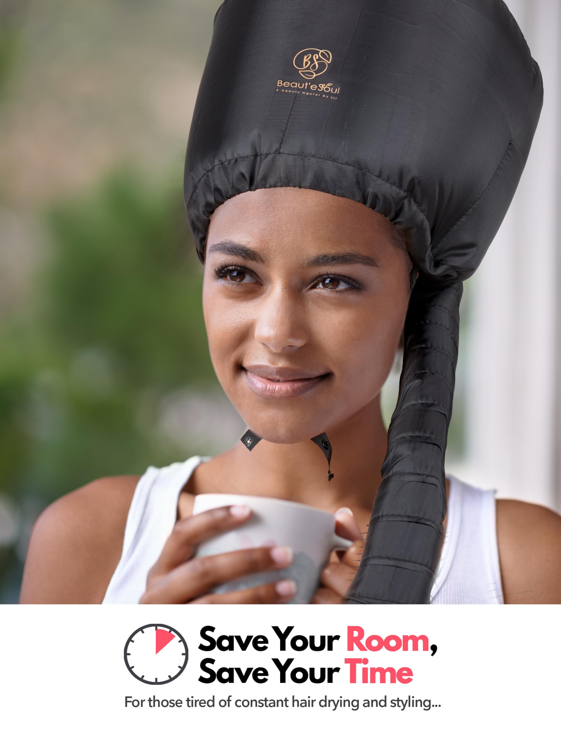 Beauté Seoul bonnet features adjustable drawstring and chin strap for a snug fit