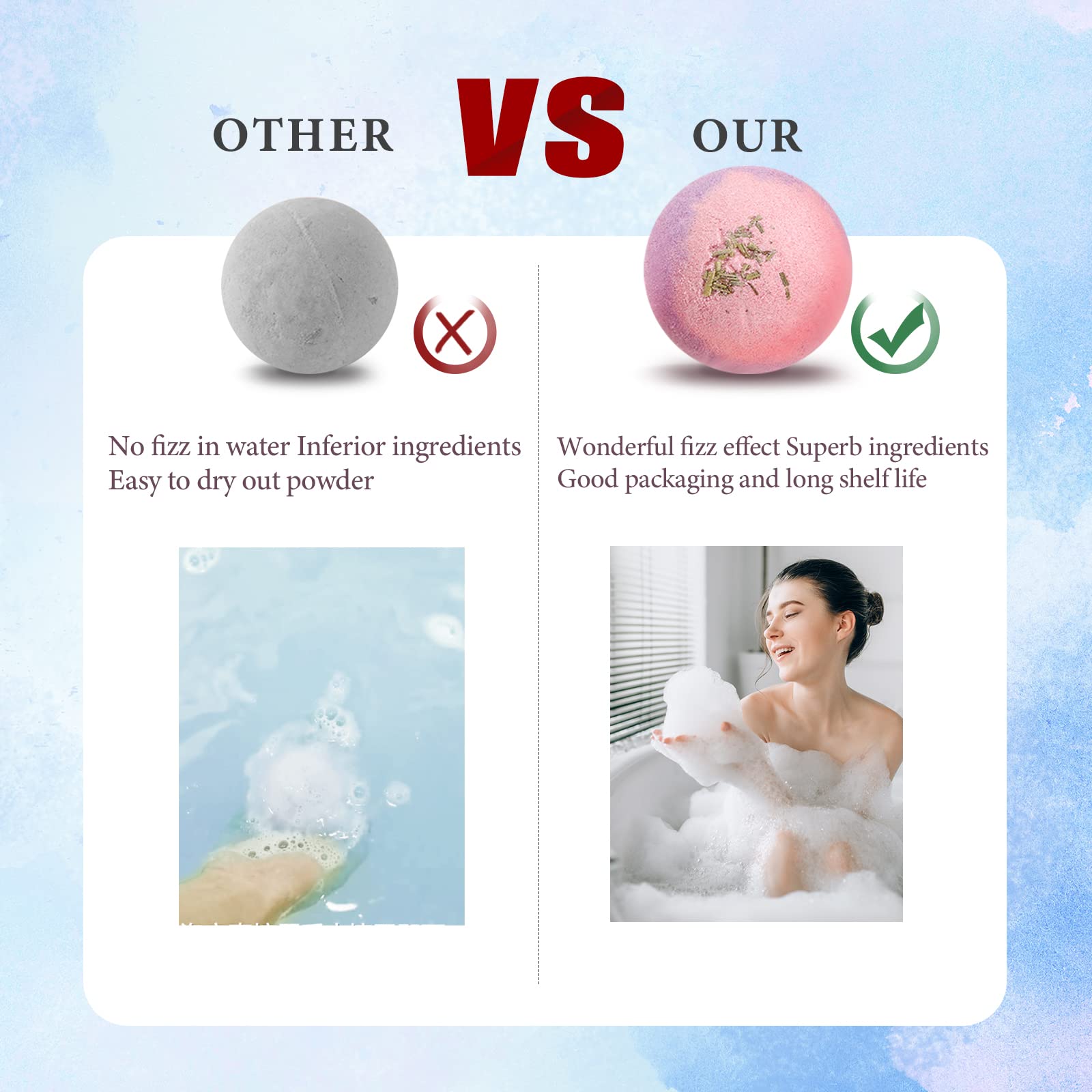 Beautifier Life bath bombs with pearls and flakes create a shimmering bath scene.