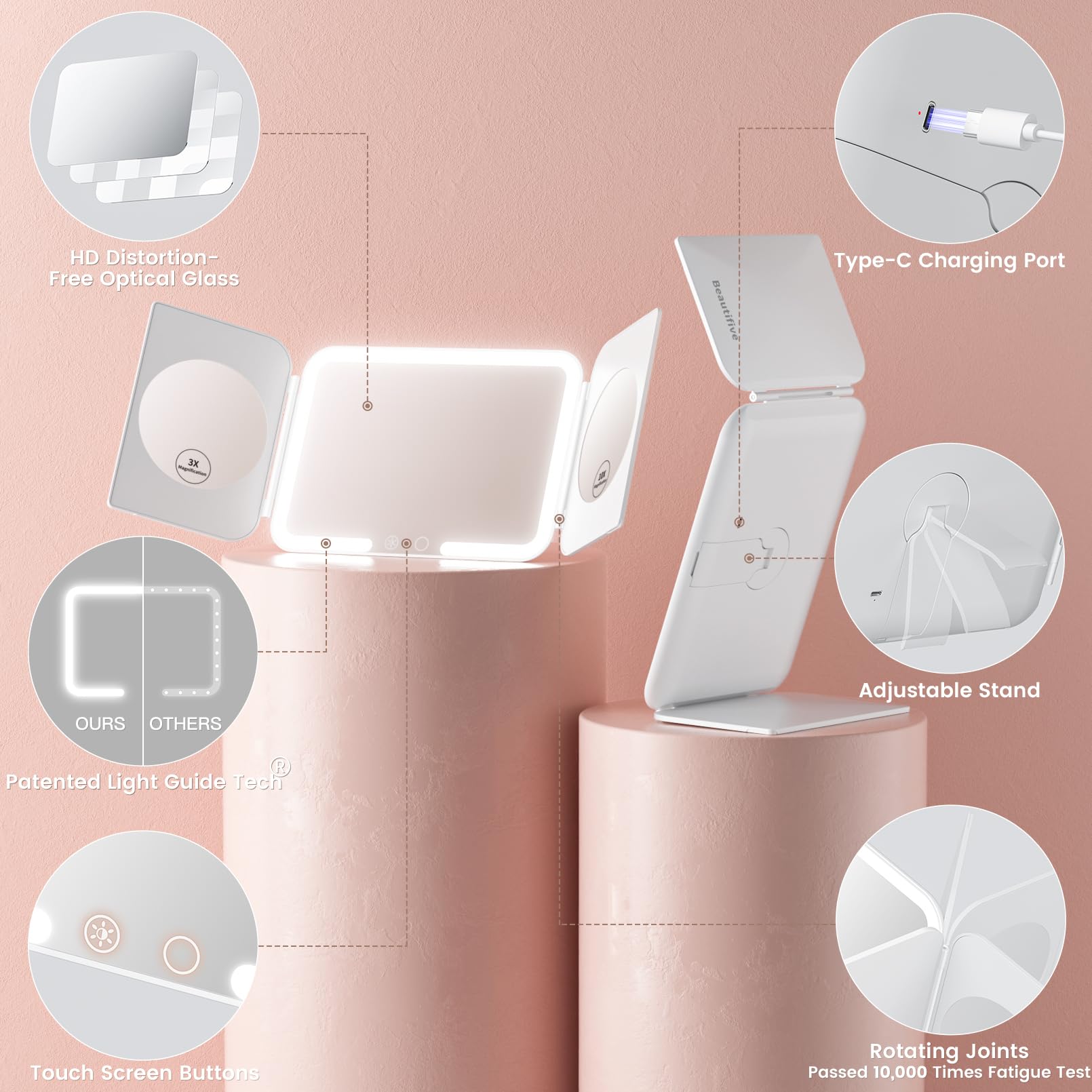 Beautifive rechargeable mirror with 5000mAh battery for travel and desk use