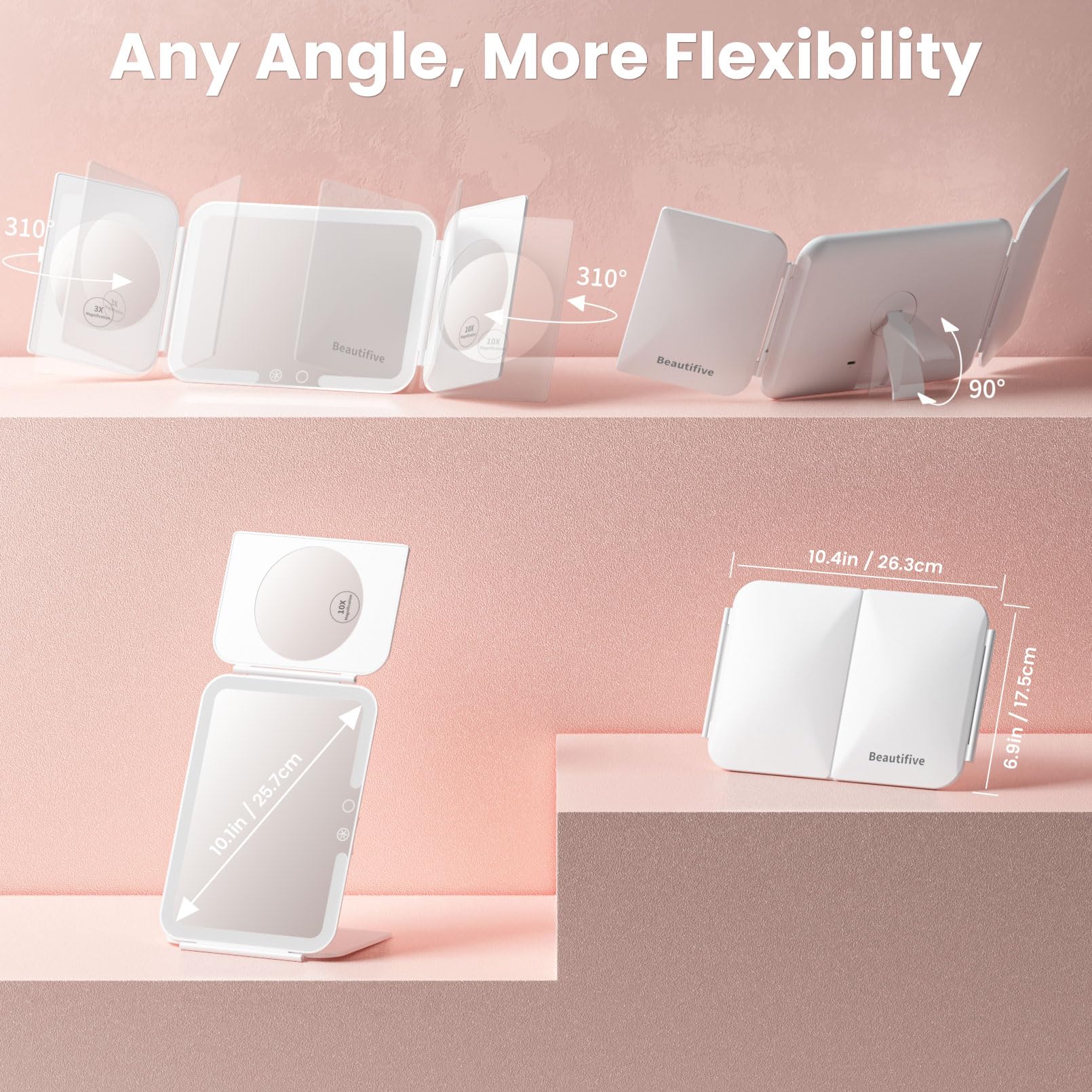 Beautifive trifold mirror 1x magnification for full-face makeup prep