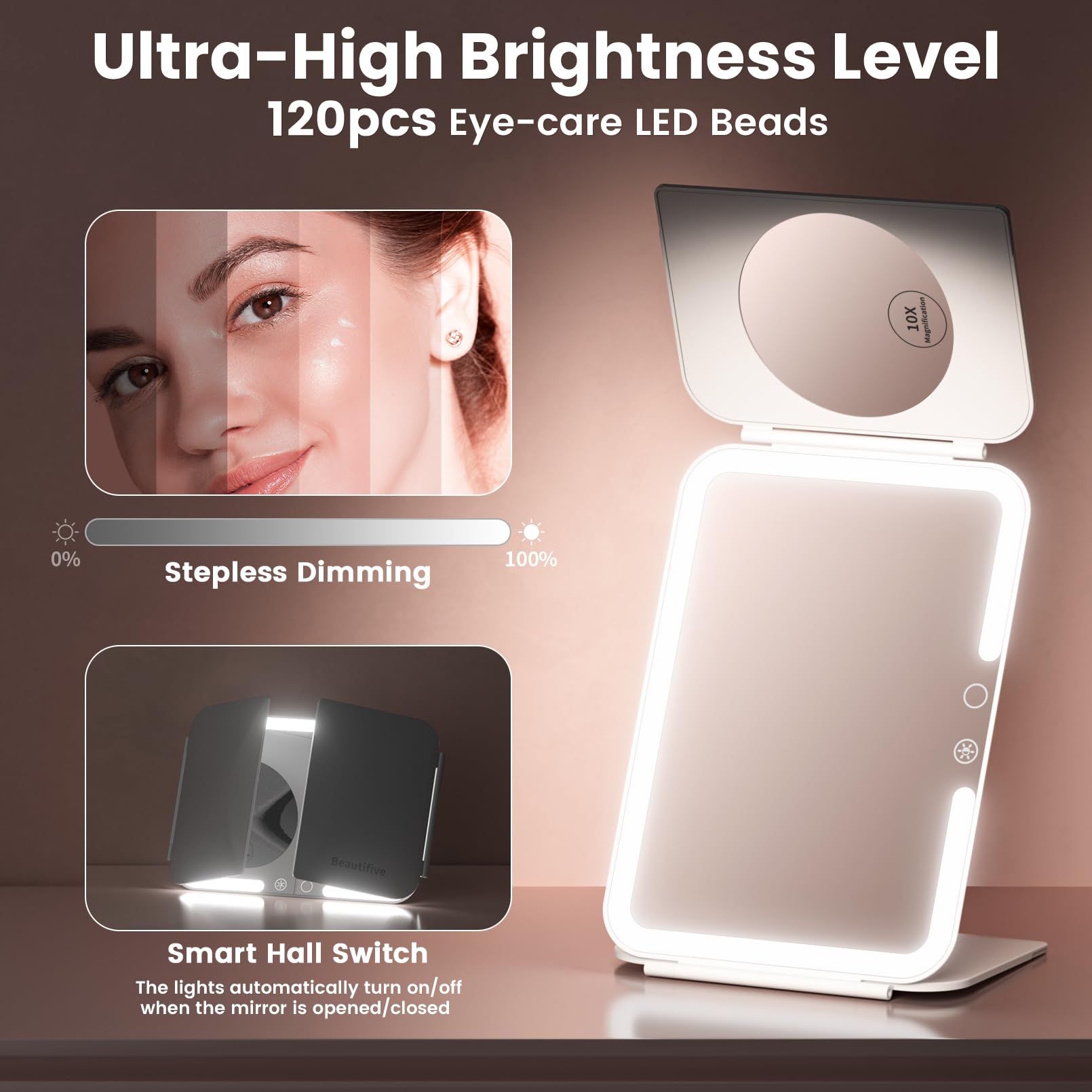 Beautifive trifold mirror 3x magnification for precise eyeliner and tweezing