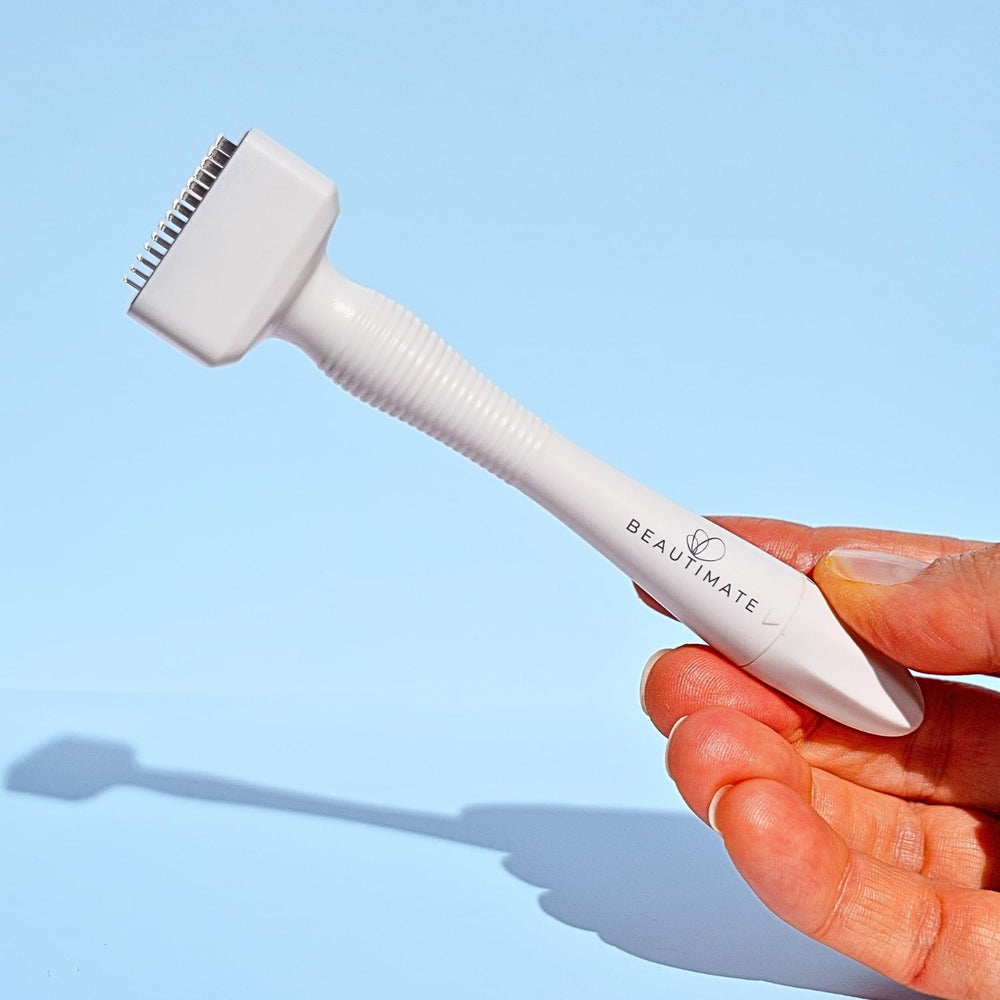 Beautimate Derma Stamp for face application demonstrates gentle micro-needle use for improved absorption.