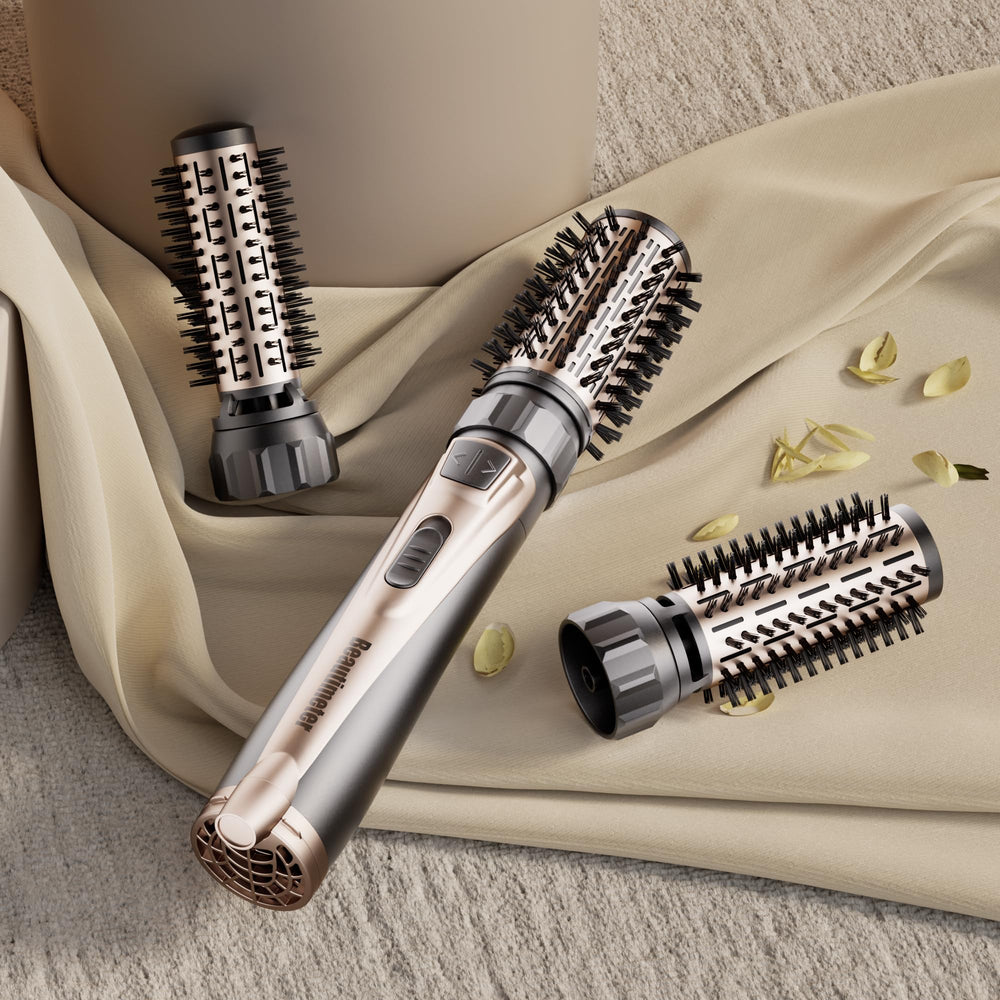 Beautimeter hair-dryer-brush-interchangeable-brushes swappable barrels enable diverse curl patterns.