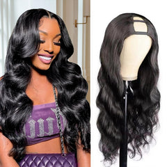 Beautkol U Part wig body wave 18in on model with natural fullness for daily wear