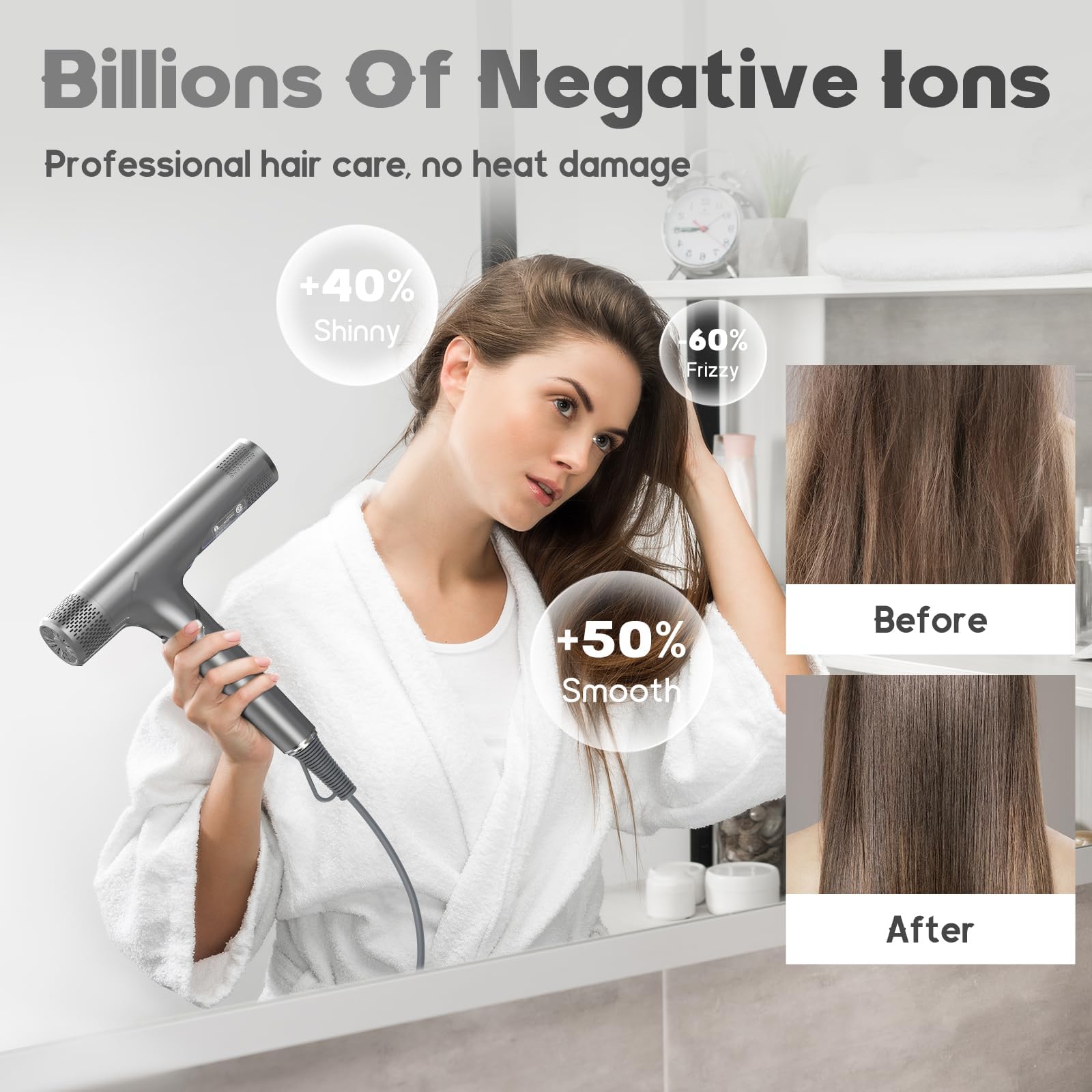 Beautural hair dryer operates quietly under 70 dB.