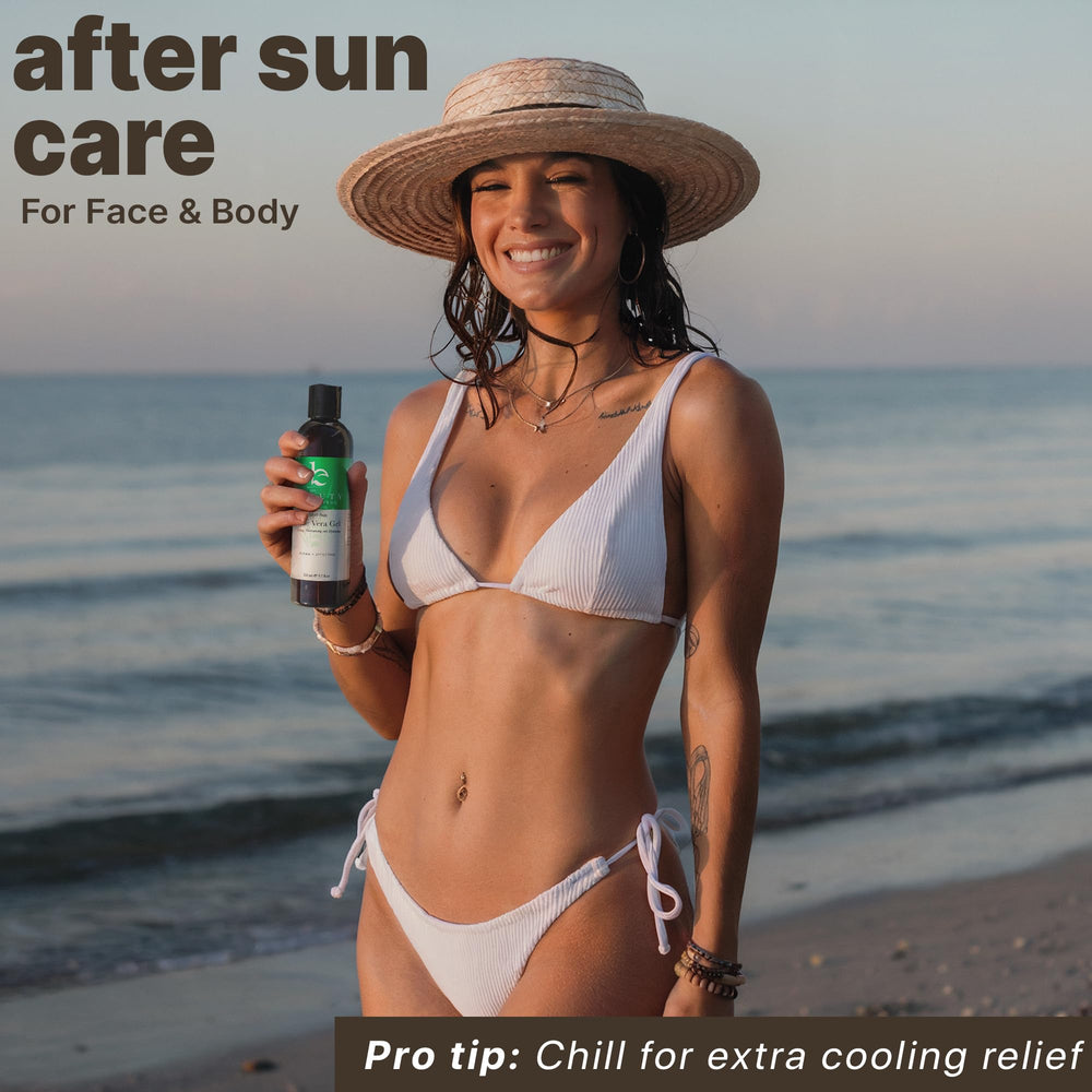 Beauty by Earth Aloe Gel after-sun care provides cooling relief.