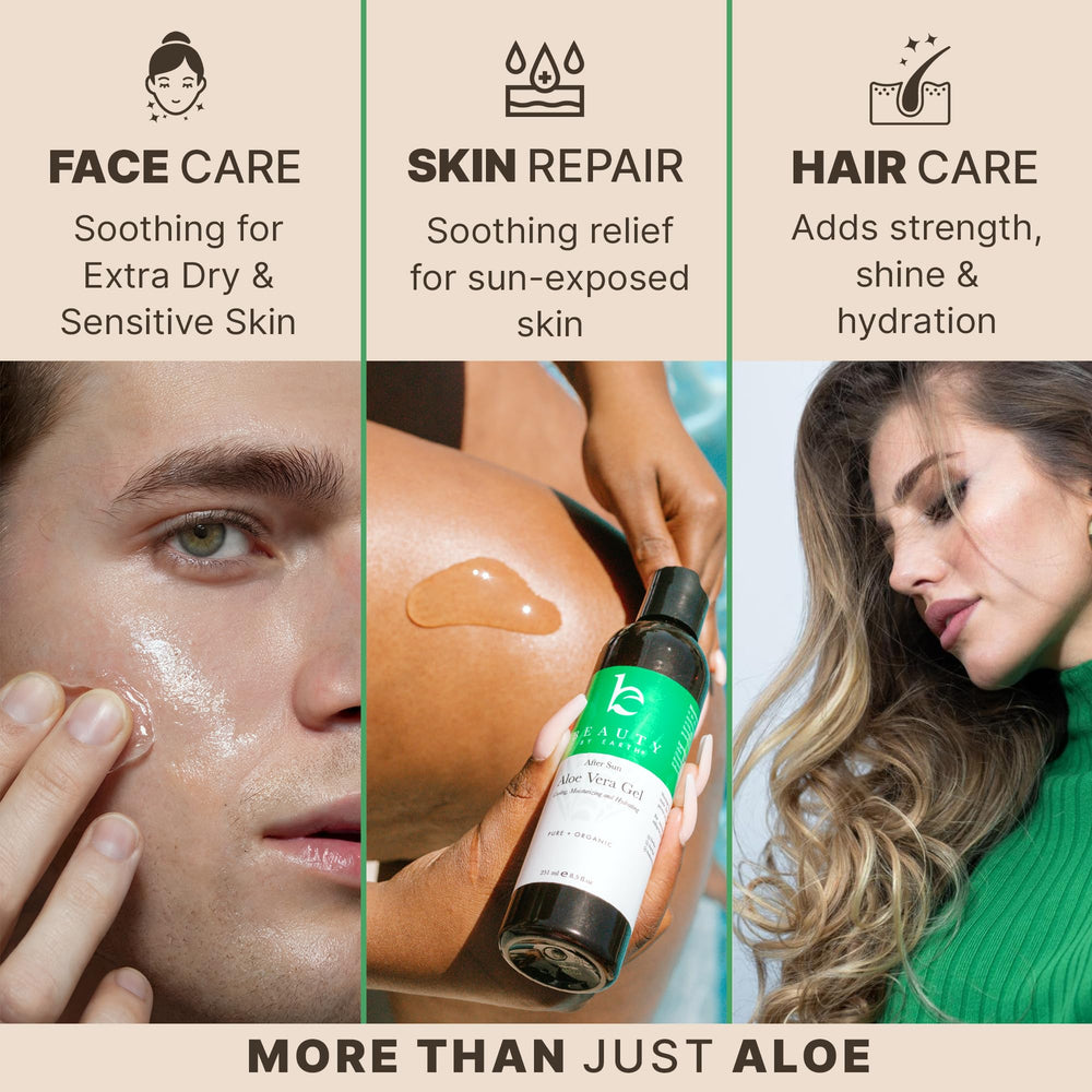 Beauty by Earth Aloe Gel with vitamins C and E supports hydration and tone.