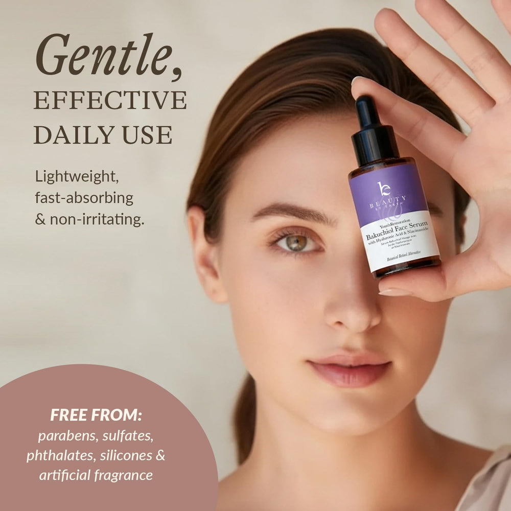 Beauty by Earth bakuchiol serum before-after illustration hints at smoother skin