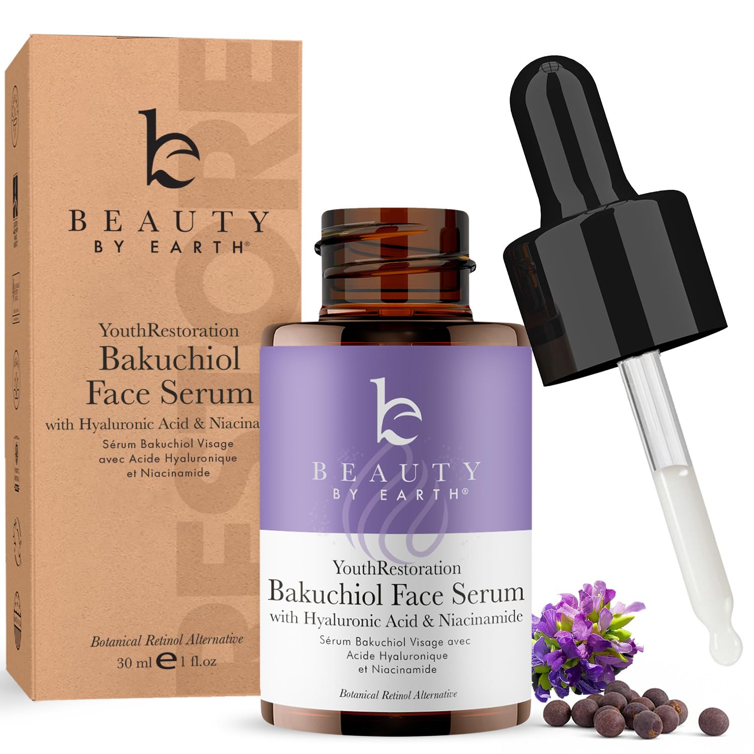 Beauty by Earth bakuchiol serum bottle shows organic ingredients for radiant skin