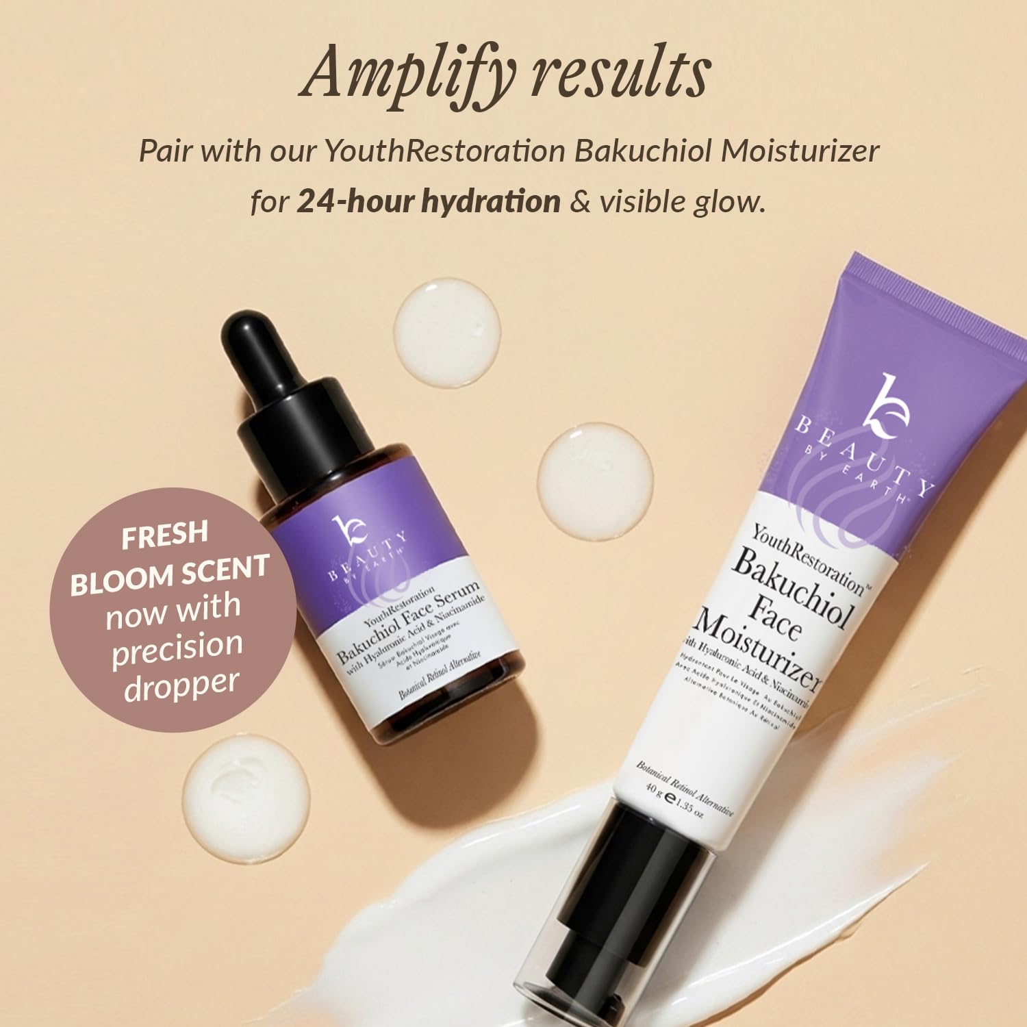 Beauty by Earth bakuchiol serum close-up on pump demonstrates convenient daily ritual