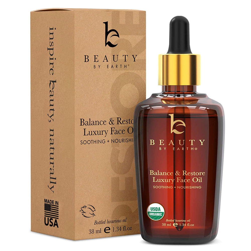 Beauty by Earth Balance Face Oil bottle close-up showing balanced skin nourishment
