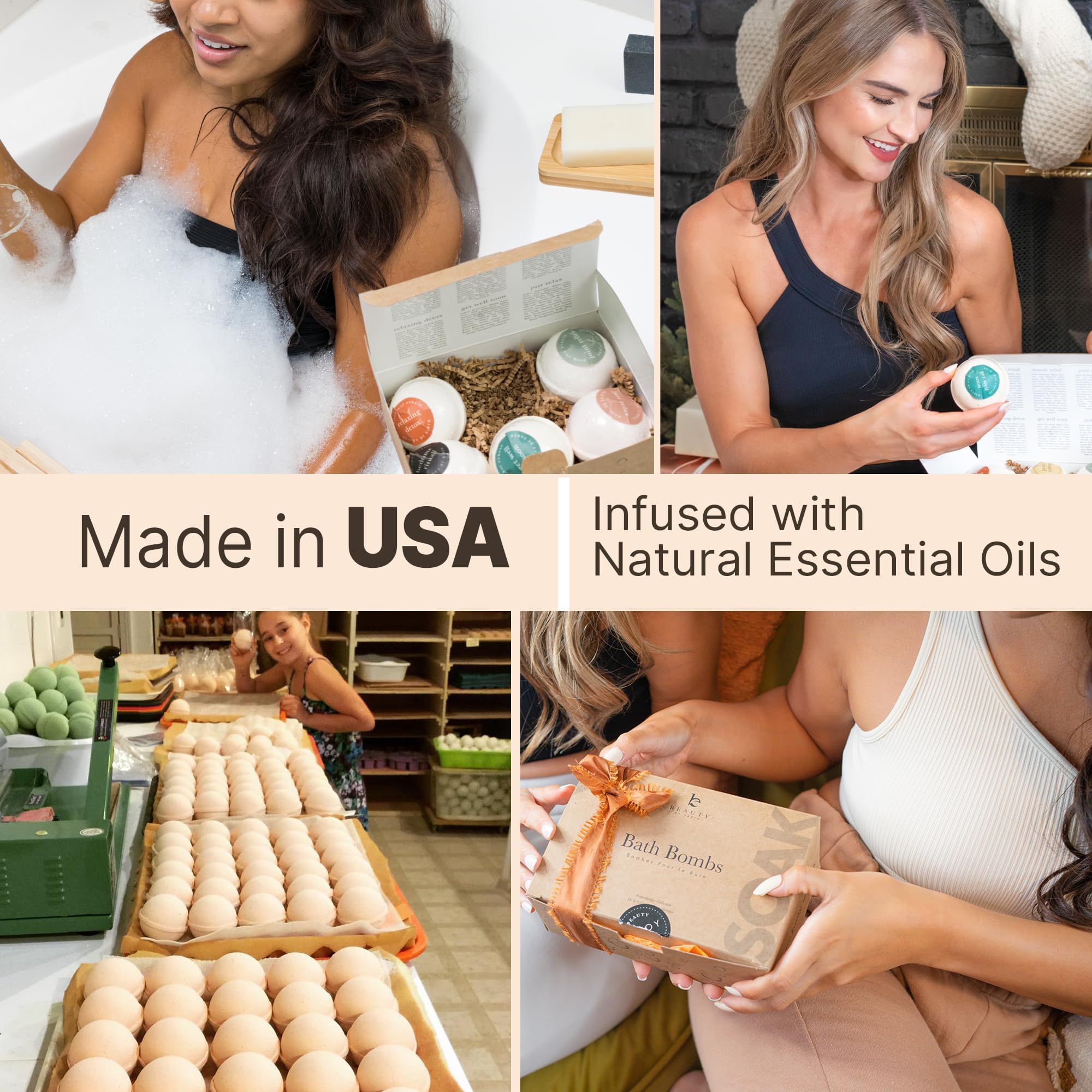 Beauty by Earth bath bombs ingredients closeup shows natural oils and butters for a gentle soak