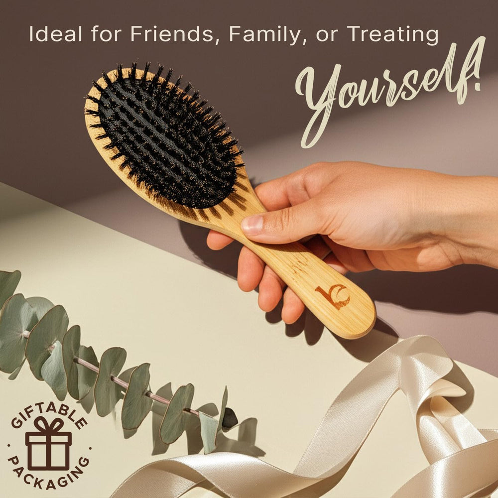 Beauty by Earth boar bristle brush for fine hair shows gentle gliding through delicate strands.