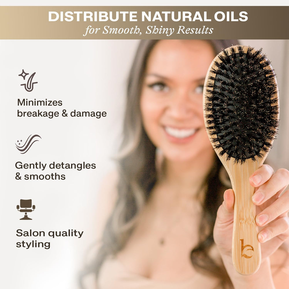 Beauty by Earth boar-bristle brush glide-action demonstrates smooth, frizz-reducing brushing.
