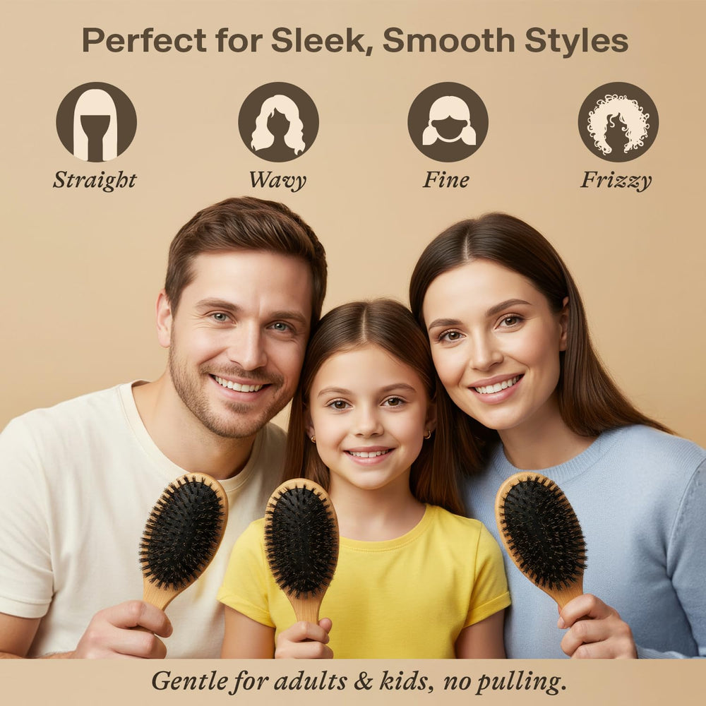 Beauty by Earth boar bristle brush wood handle showcases comfortable grip for everyday styling.