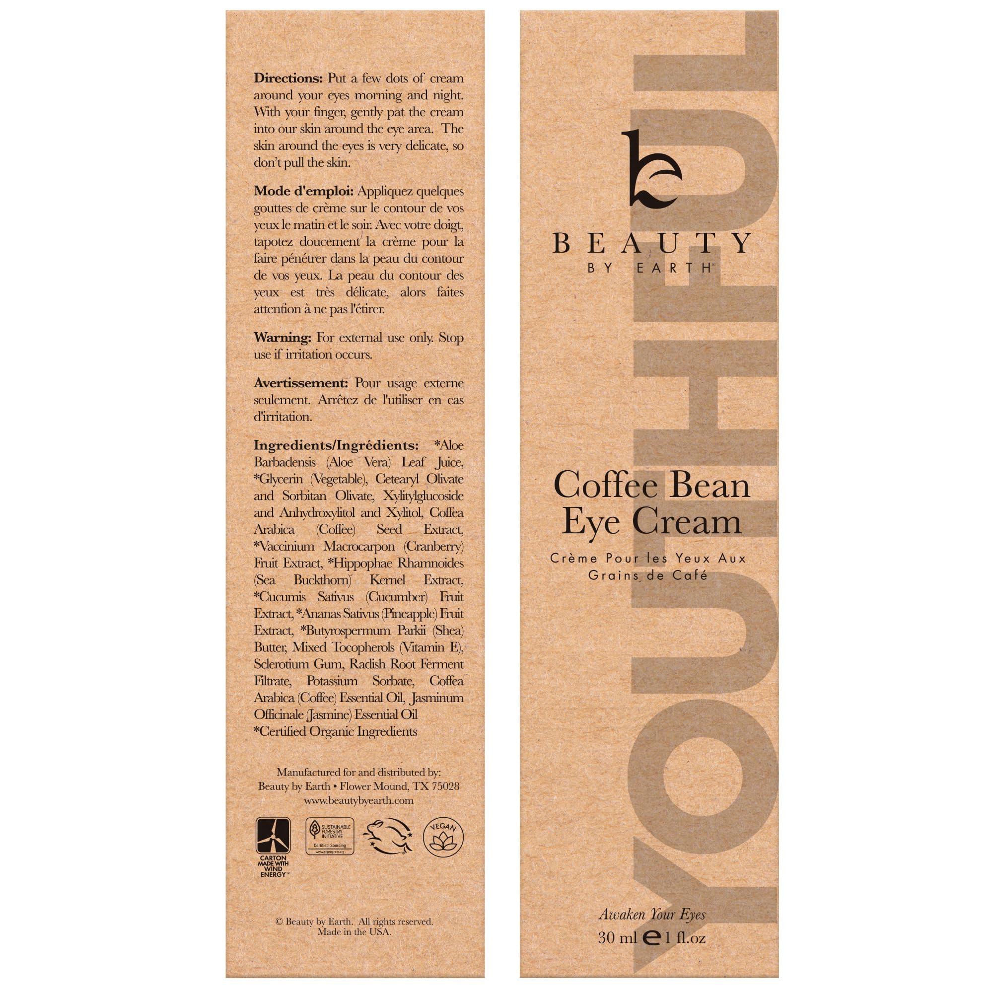 Beauty by Earth caffeine eye cream eco-friendly packaging indicates thoughtful product experience