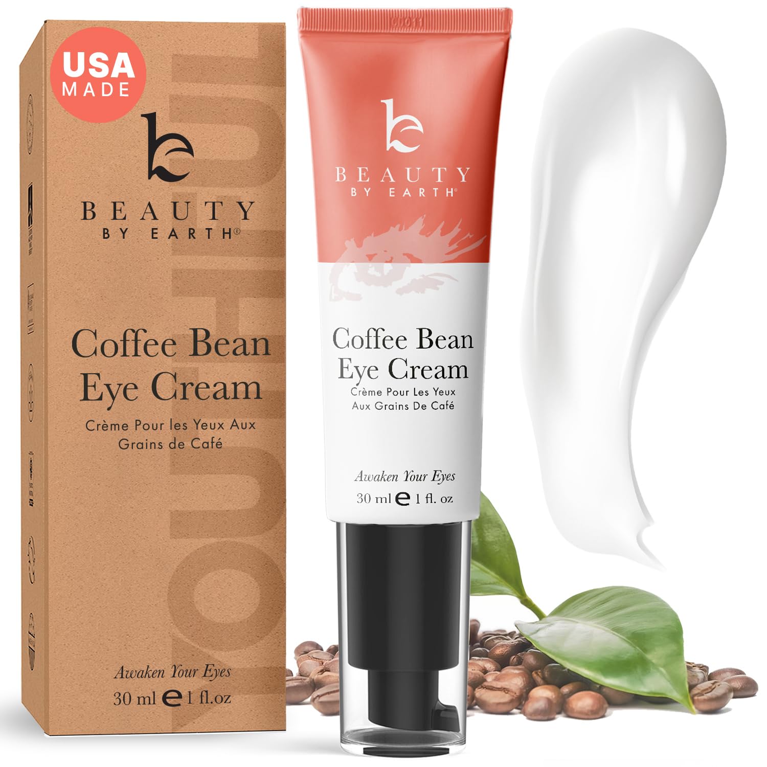 Beauty by Earth caffeine eye cream tube close-up suggests depuffing benefits for a refreshed under-eye area