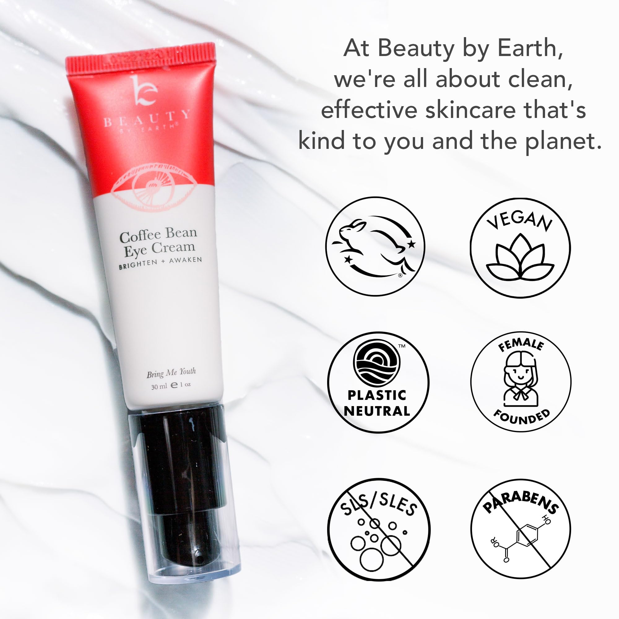 Beauty by Earth caffeine eye cream vitamin E panel close-up signals nourishing protection