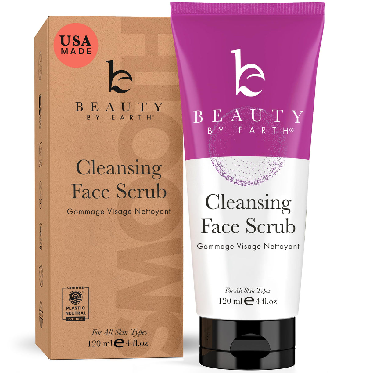 Beauty by Earth face scrub bottle shows gentle exfoliation for radiant skin