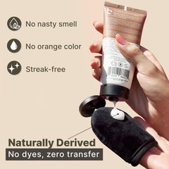 Beauty by Earth face tanner application close-up showing creamy, streak-free blending.