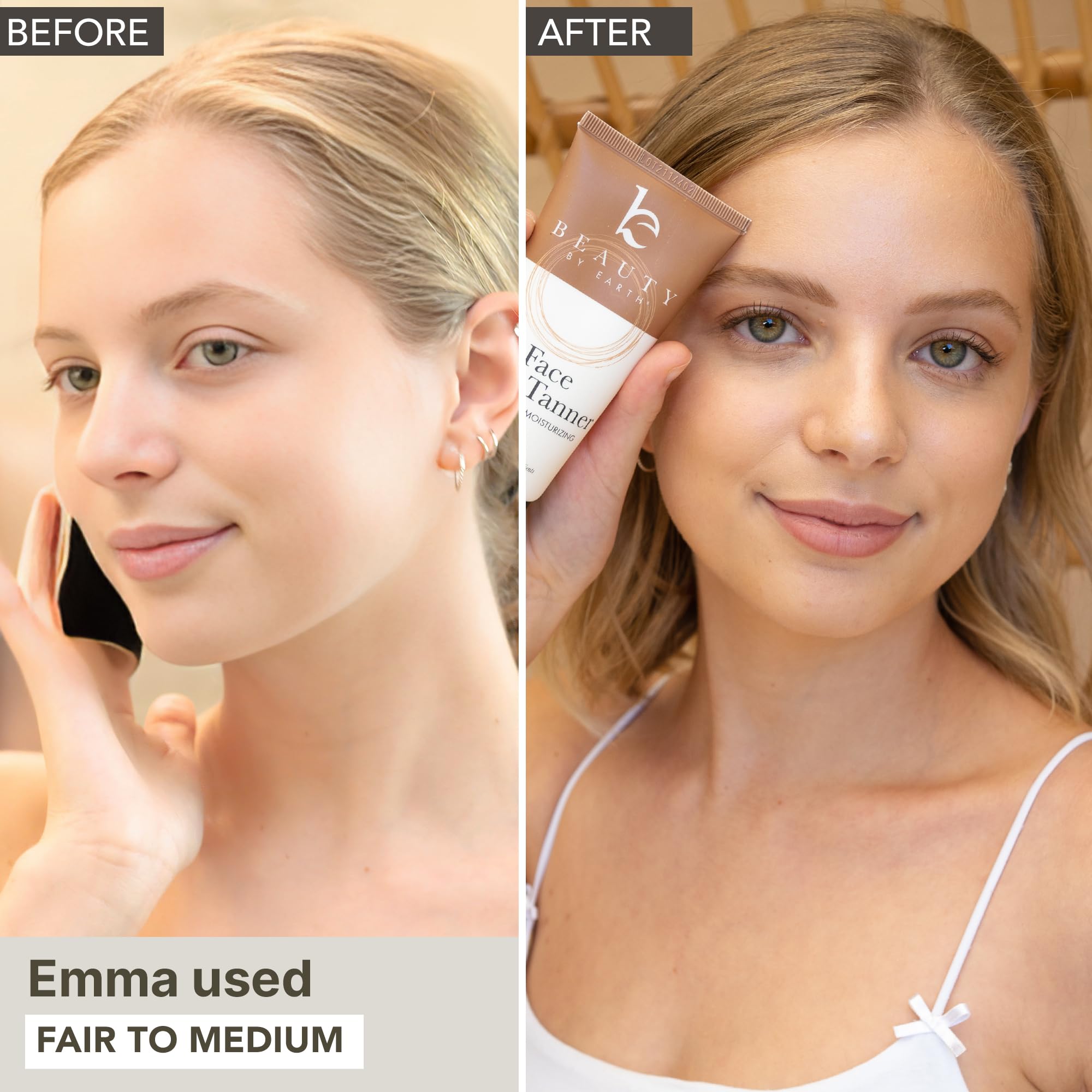 Beauty by Earth face tanner dispense pump illustrates easy application.