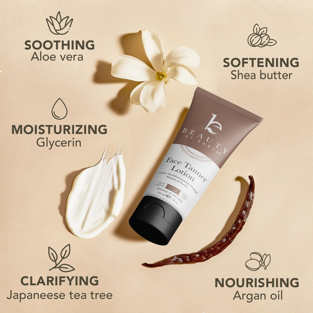 Beauty by Earth face tanner natural glow on skin for sun-kissed look.