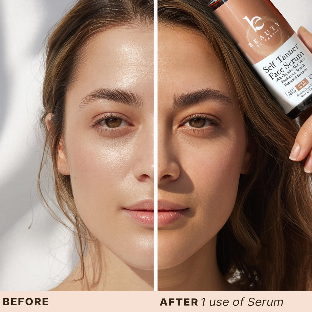 Beauty by Earth Face Tanner Serum after-glow skin with a streak-free bronze finish.
