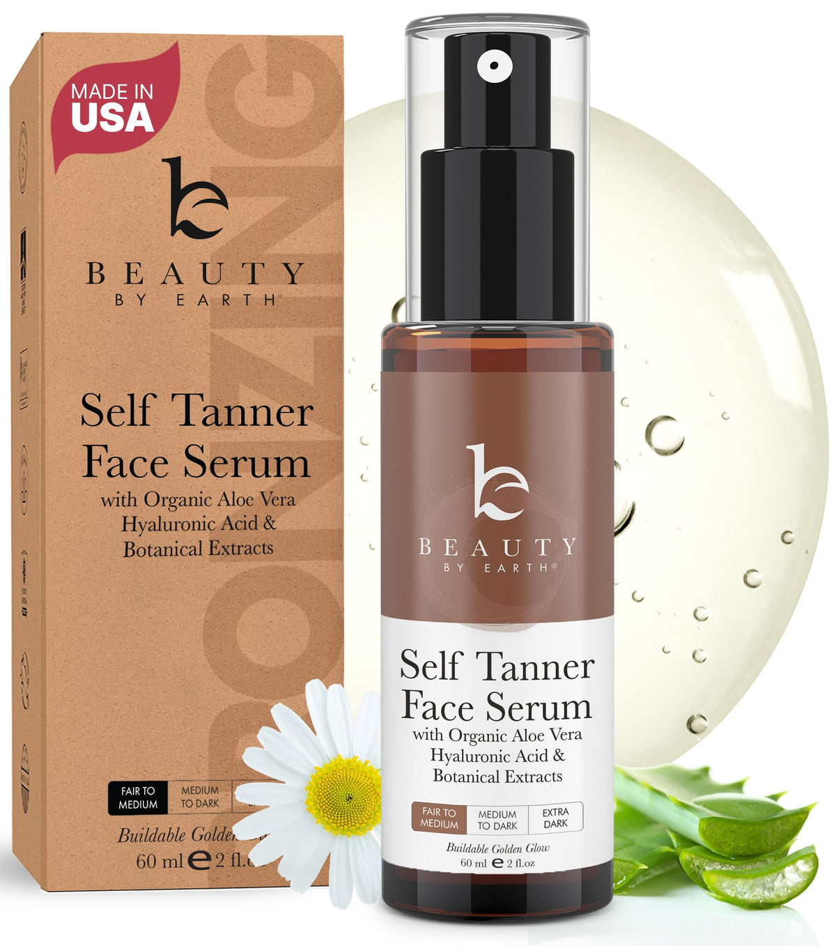 Beauty by Earth Face Tanner Serum bottle shows natural glow potential